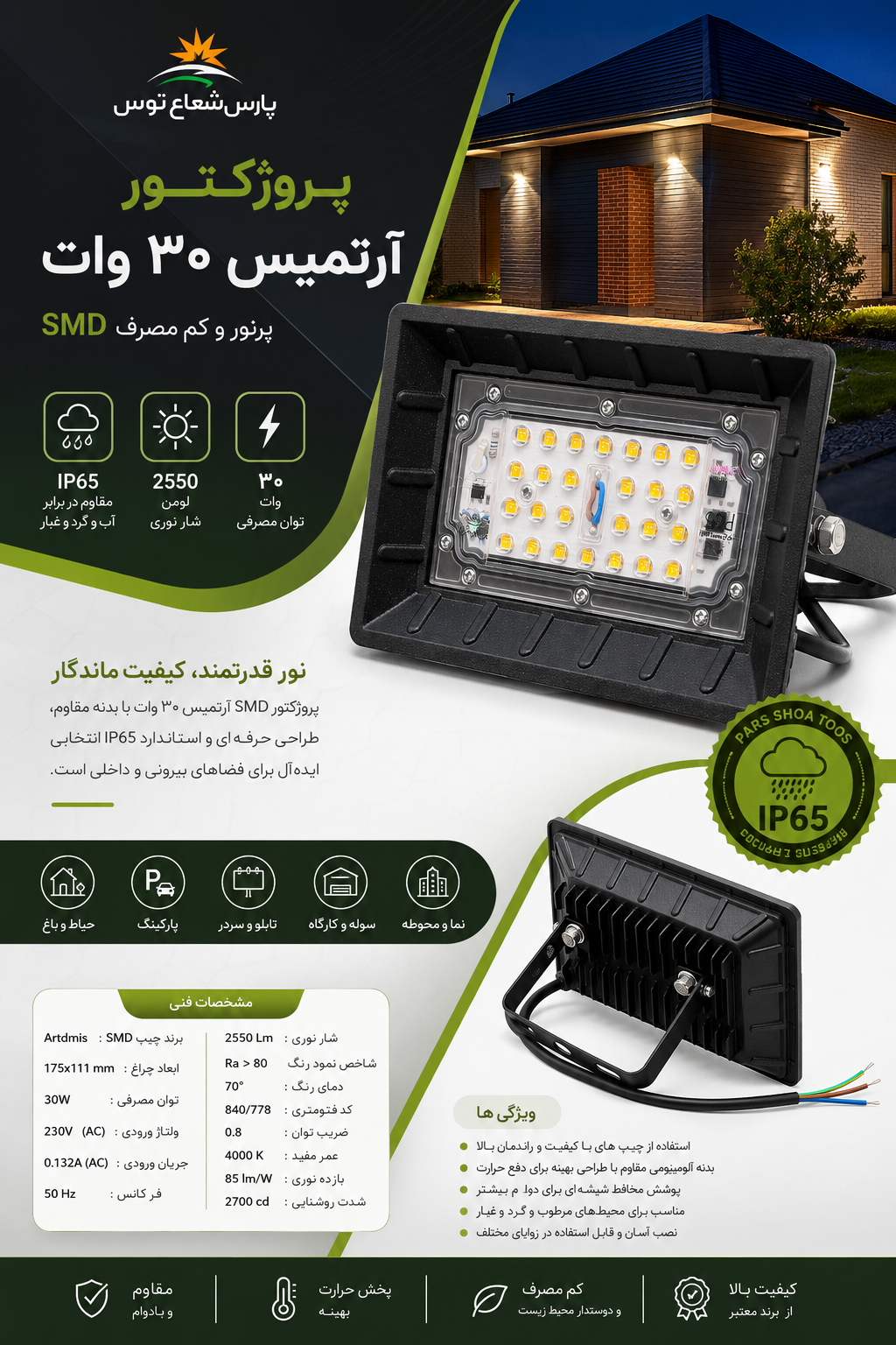 پروژکتور ۳۰وات آرتمیس پارس شعاع توس