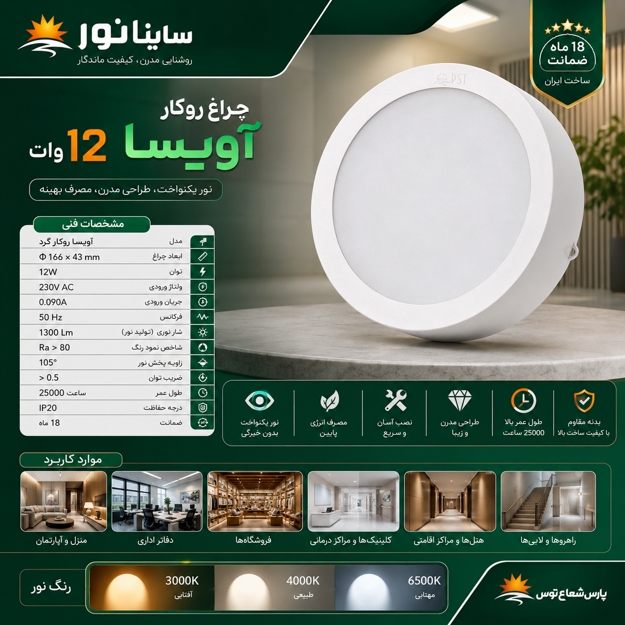 پنل روکار آویسا ۱۲وات دایره پارس شعاع توس
