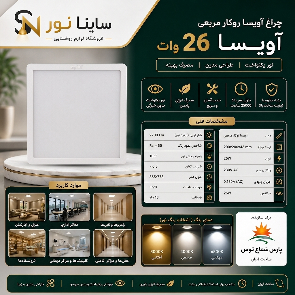پنل روکار آویسا ۲۶وات مربع پارس شعاع توس