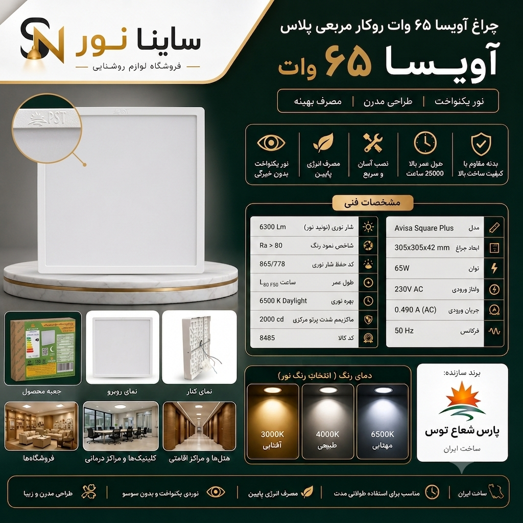 پنل روکار آویسا ۶۵وات مربع پارس شعاع توس