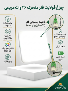 چراغ سقفی توکار فولایت فنر متحرک 26 وات مربعی پارس شعاع توس، بدنه سفید مربعی با نمای نزدیک از فنرهای اتصال سبزرنگ قابل تنظیم