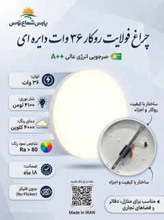 چراغ فولایت روکار 36 وات دایرهای پارس شعاع توس، نمای جلو با نور سفید یکنواخت و نمای پشت با درایور و اتصالات داخلی