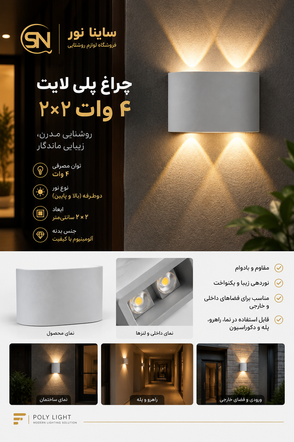 چراغ دکوراتیو پلی لایت ۴وات ۲*۲ پارس شعاع توس(بدنه سفید)