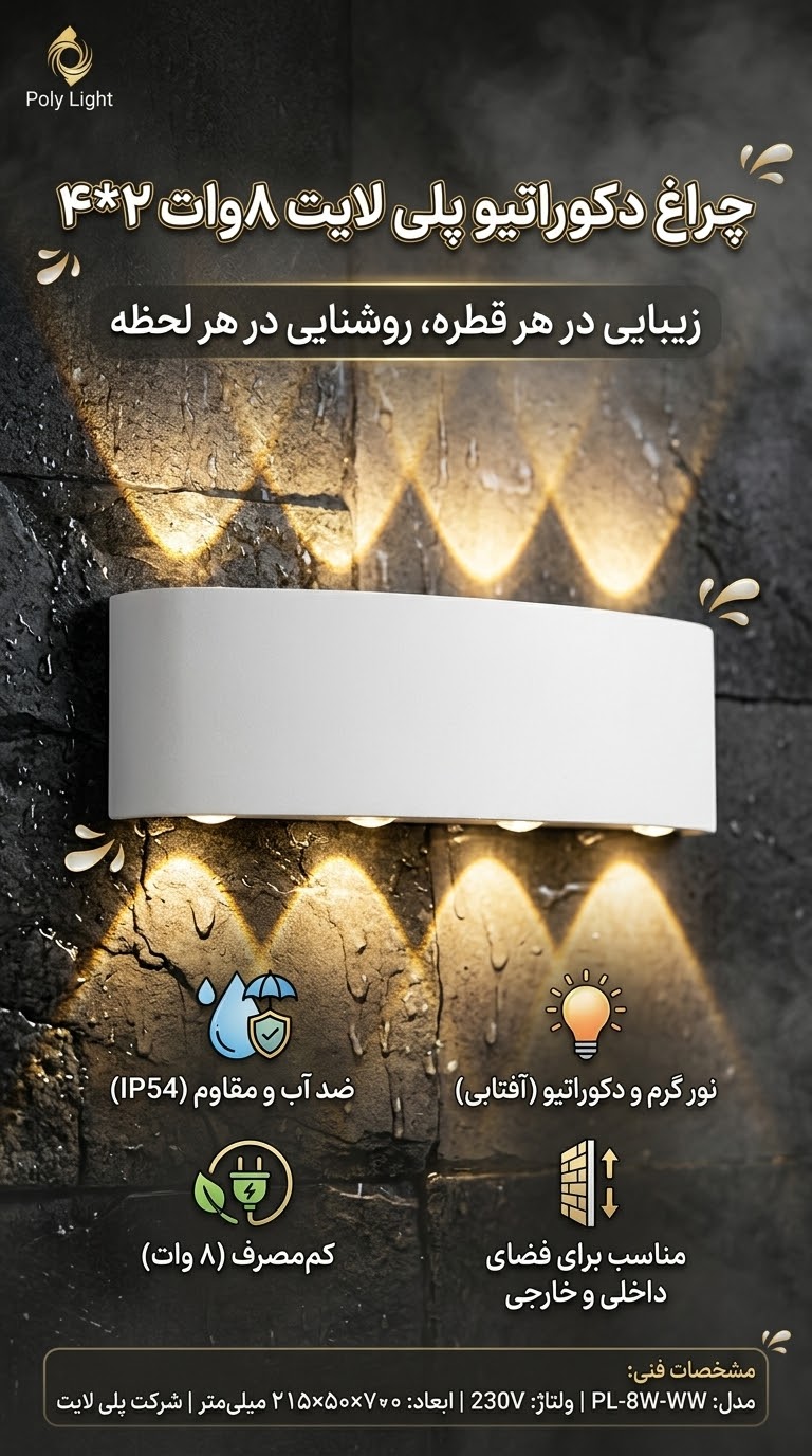 چراغ دکوراتیو پلی لایت ۸وات 2*4 پارس شعاع توس(بدنه سفید)
