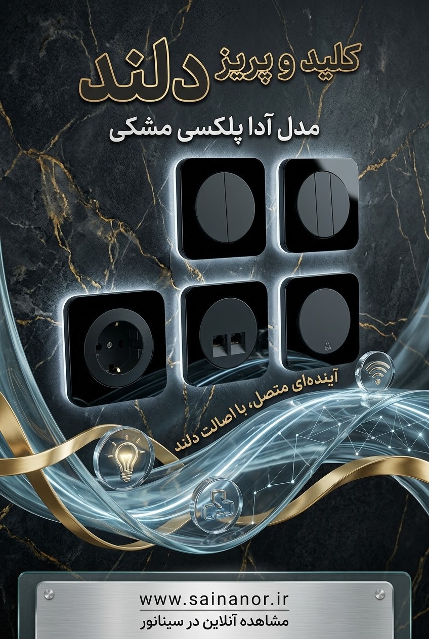 فارسی: کلید و پریز دلند مدل آدا پلکسی مشکی شامل کلید دوپل، کلی